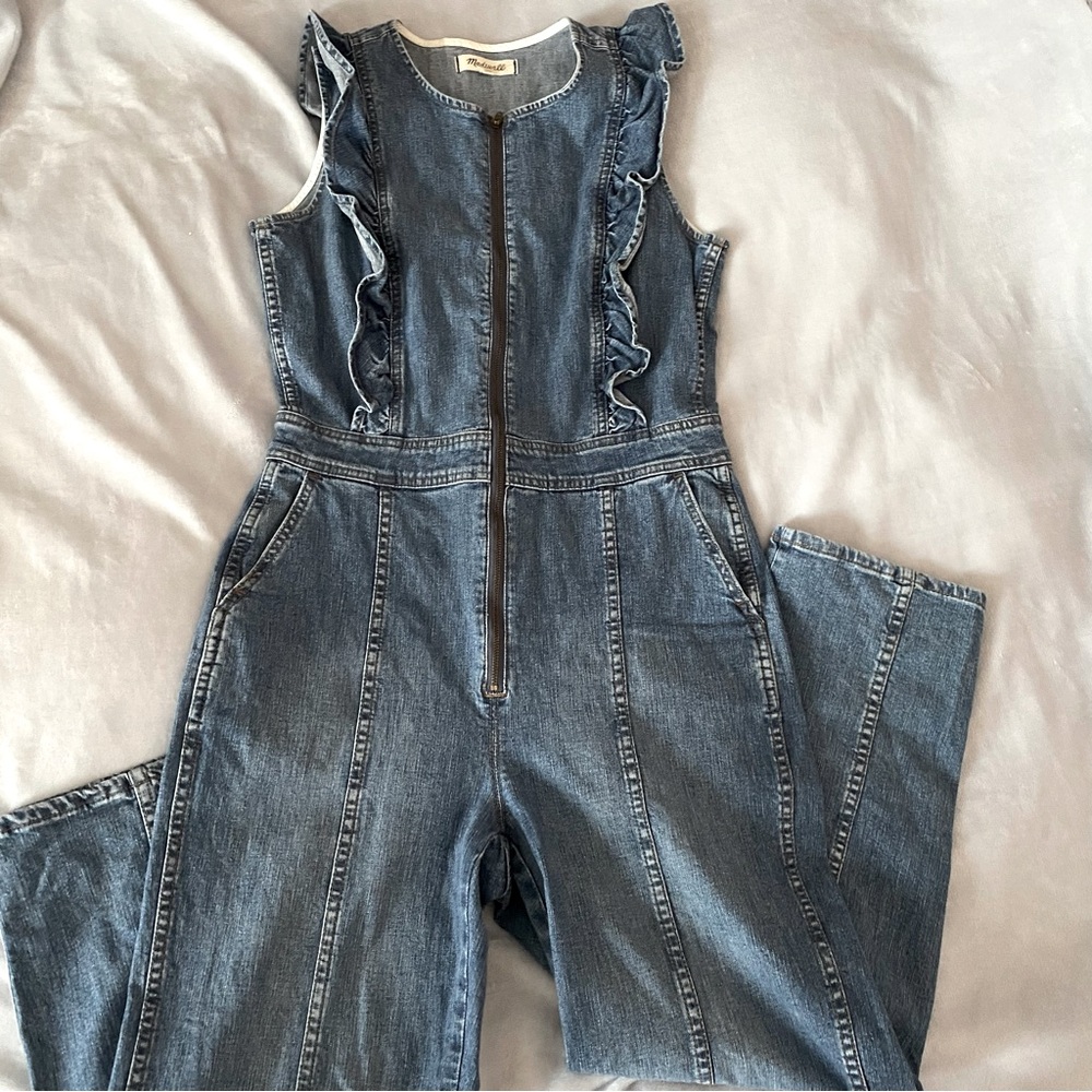 Denim Sleeveless Jumpsuit with Ruffle Detail